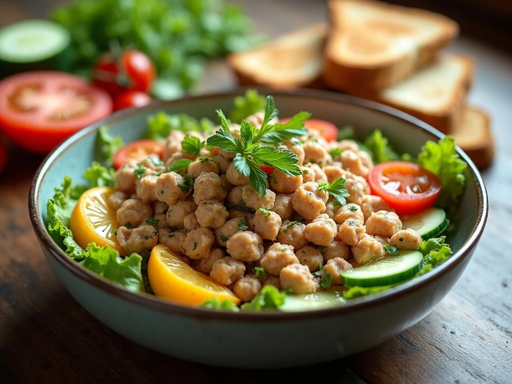 Vegan chickpea tuna salad served with bread and fresh vegetables