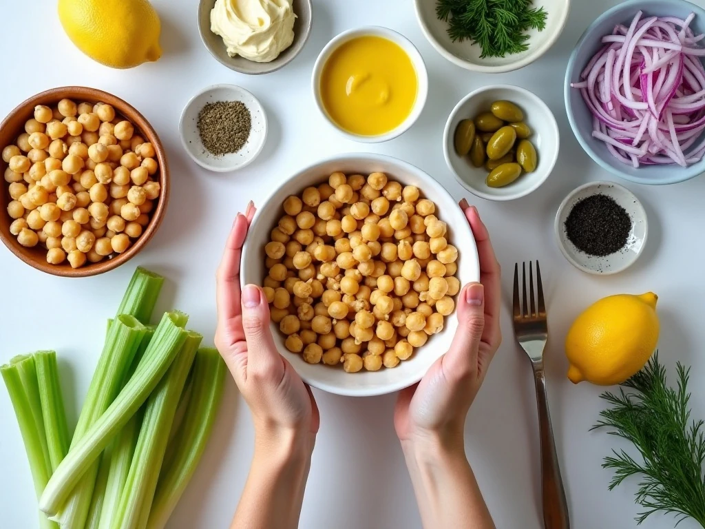 Ingredients for easy vegan chickpea tuna salad