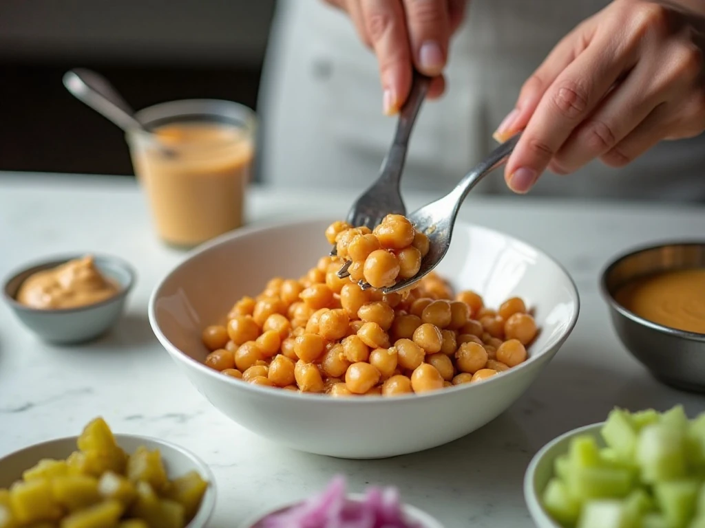 Roughly mashing chickpeas for vegan tuna salad