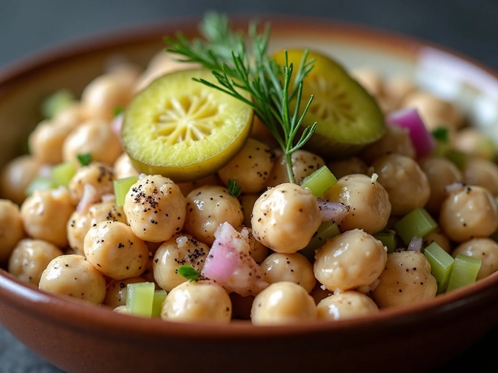 Close-up of chunky chickpea tuna salad texture