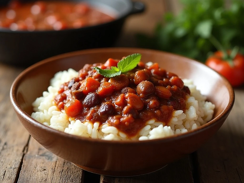 Hearty chili and rice skillet dinner served in a bowl