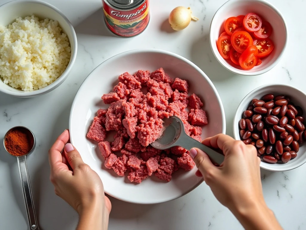 Ingredients for easy chili and rice skillet dinner