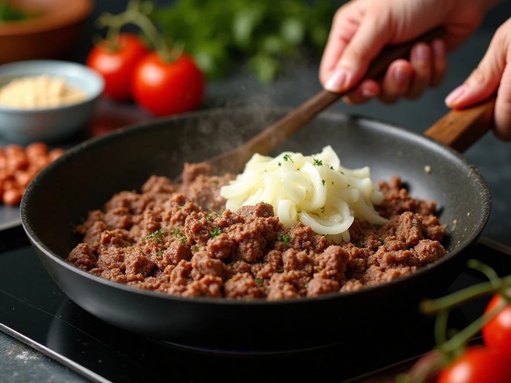 Ground beef and onion cooking for skillet chili