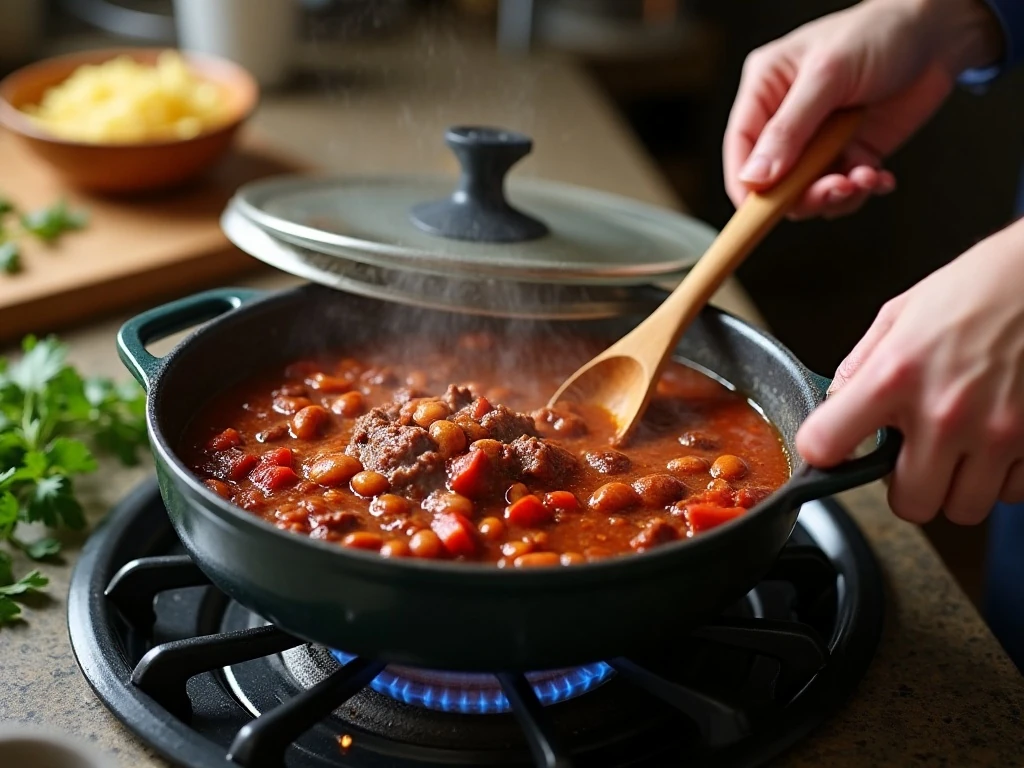 Chili simmering in a large skillet