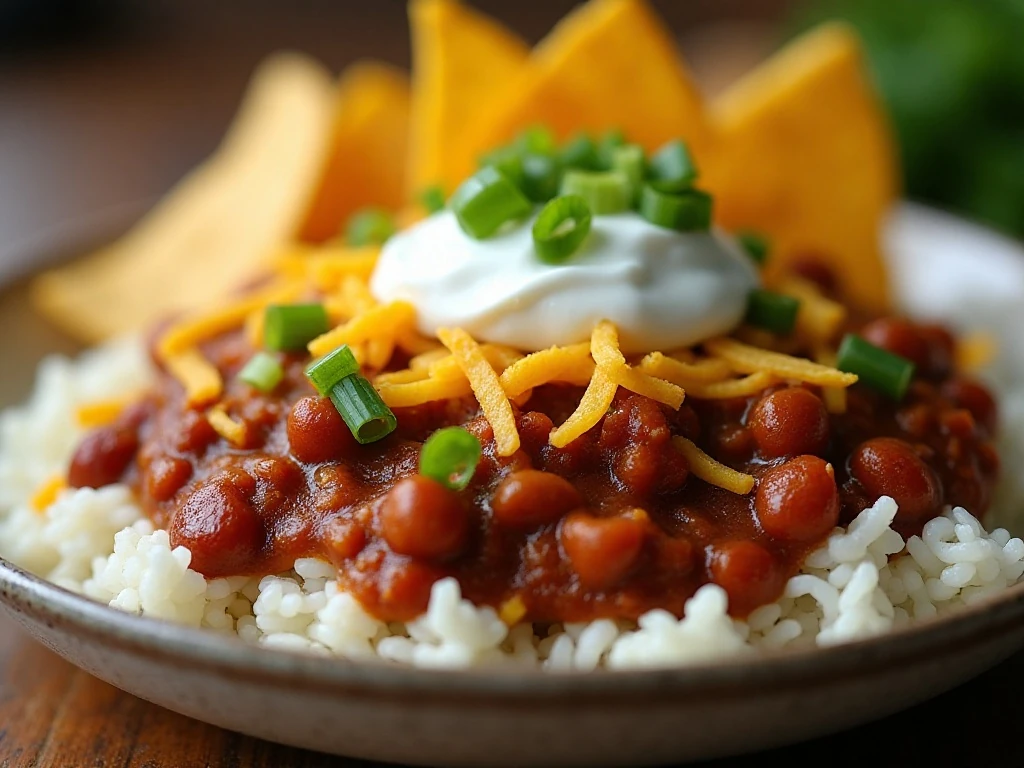 Chili and rice topped with cheese sour cream green onions and tortilla chips