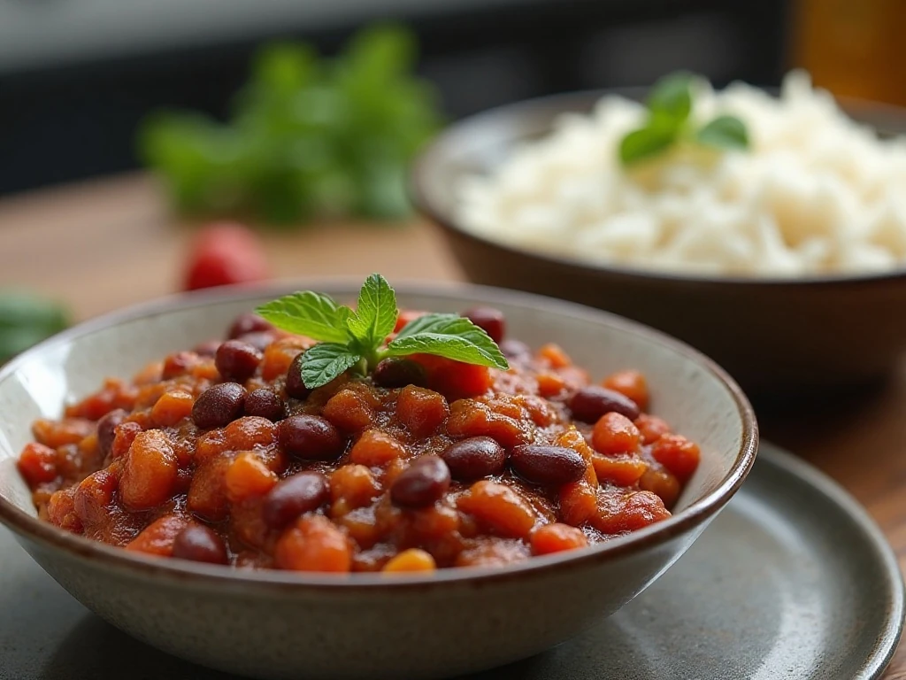 Stored chili and rice portions for reheating