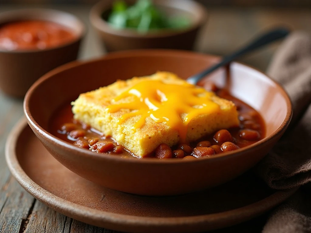 Serving of cozy chili cornbread casserole with golden topping and melted cheddar