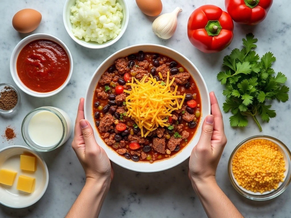 Ingredients for easy chili cornbread casserole arranged for cooking