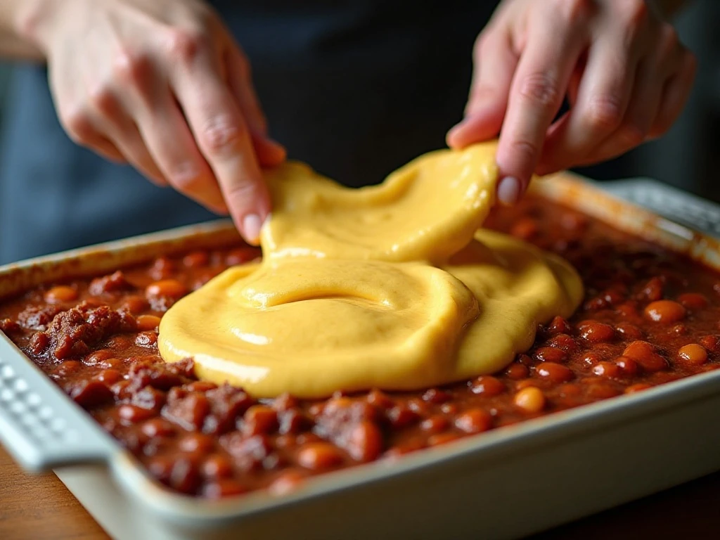 Spreading cornbread batter over chili in a casserole dish