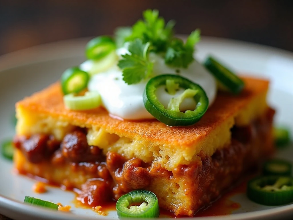 Chili cornbread casserole garnished with sour cream, herbs, jalapeños, and avocado