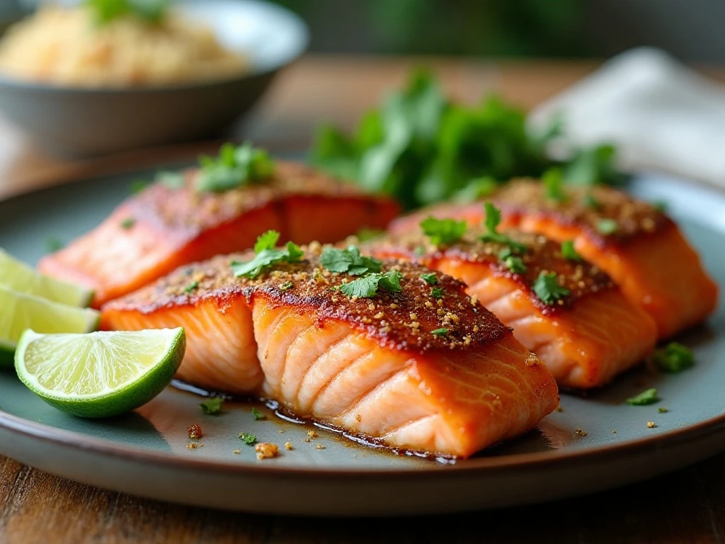 Baked chili lime salmon served with cilantro and lime wedges