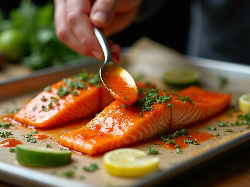 Brushing chili lime sauce over salmon before baking