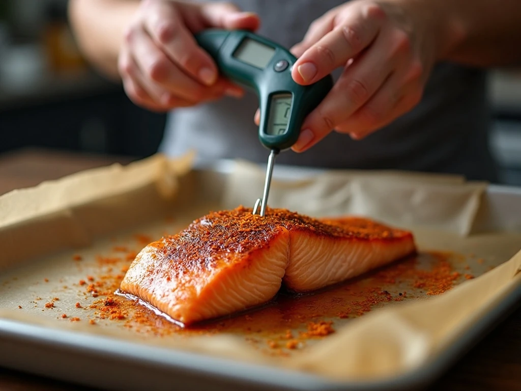 Checking baked salmon for the correct internal temperature