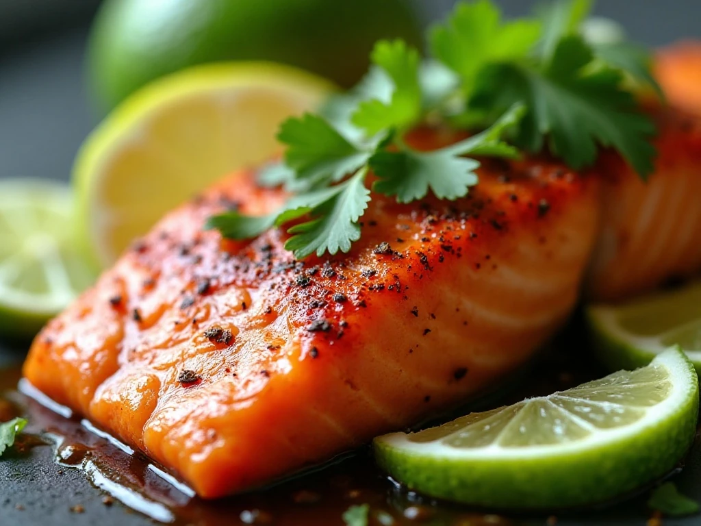 Close-up of flaky chili lime salmon with cilantro and lime