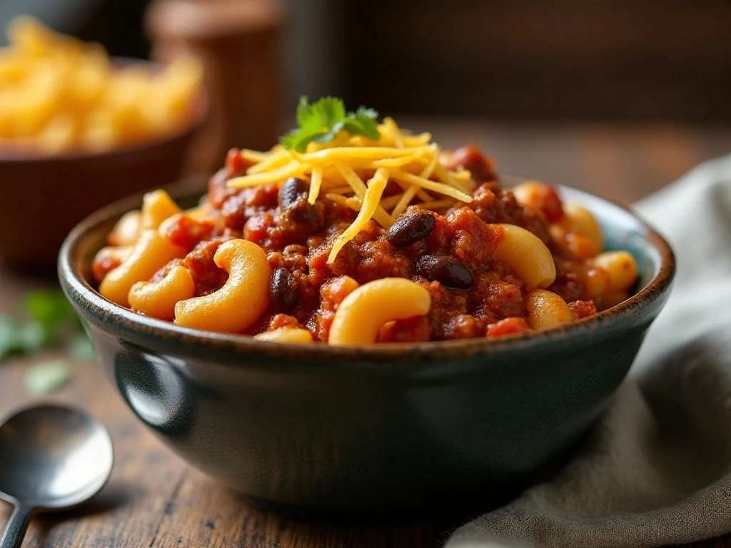 Bowl of hearty chili mac and cheese ready for dinner