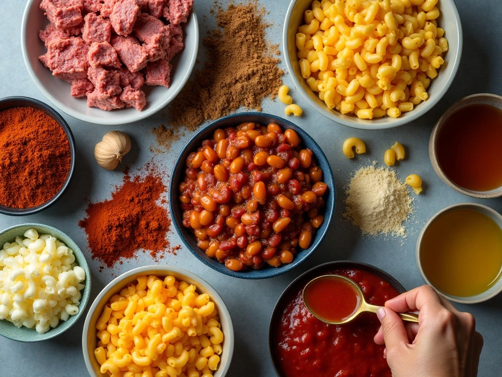 Ingredients for homemade chili mac and cheese