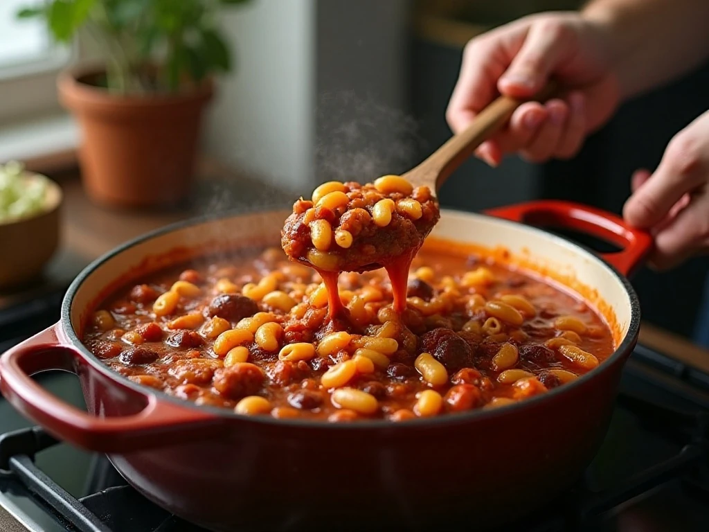 Macaroni simmering in the chili mixture in a Dutch oven