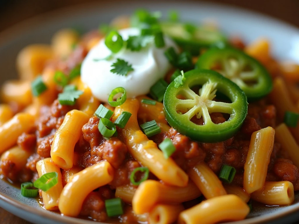 Chili mac and cheese with fresh toppings and garnishes