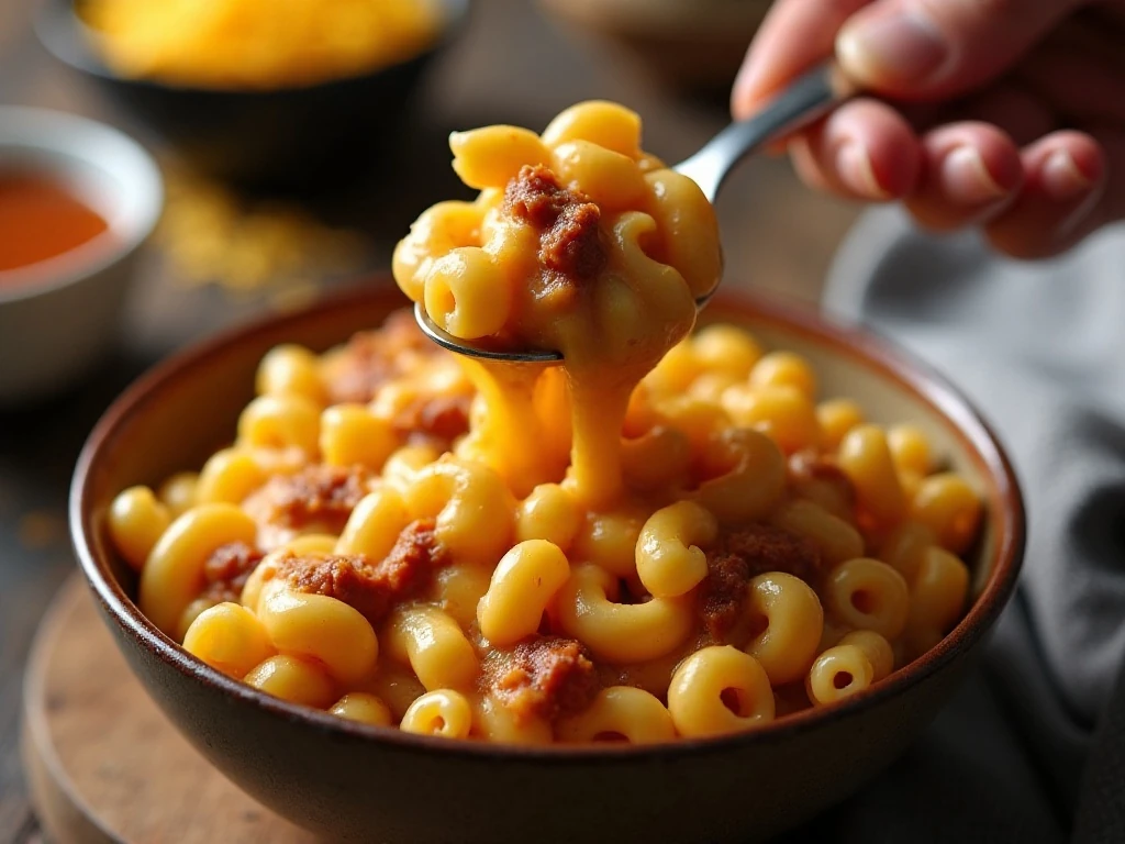 Thick reheated chili mac and cheese in a bowl