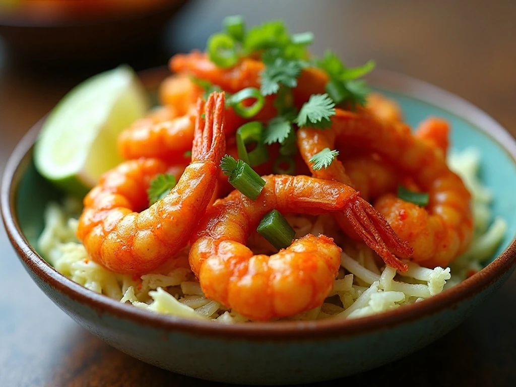 Crispy chipotle bang bang shrimp served over cabbage with lime and herbs
