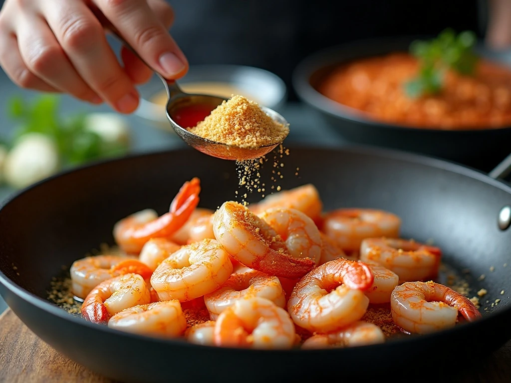 Coating shrimp in seasoned cornstarch before frying