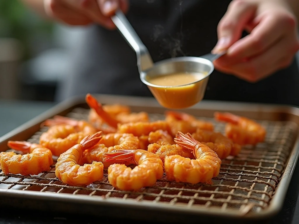 Fried shrimp draining on a rack for a crisp coating