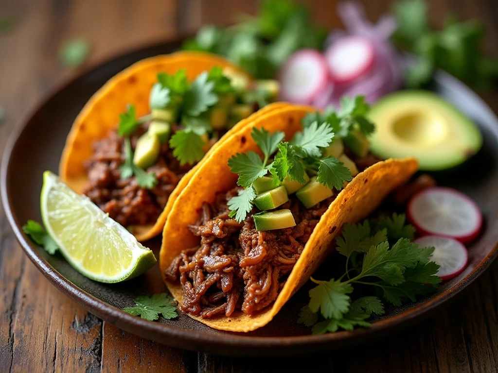 Tender chipotle beef barbacoa tacos with lime, cilantro, onion, avocado, and radishes