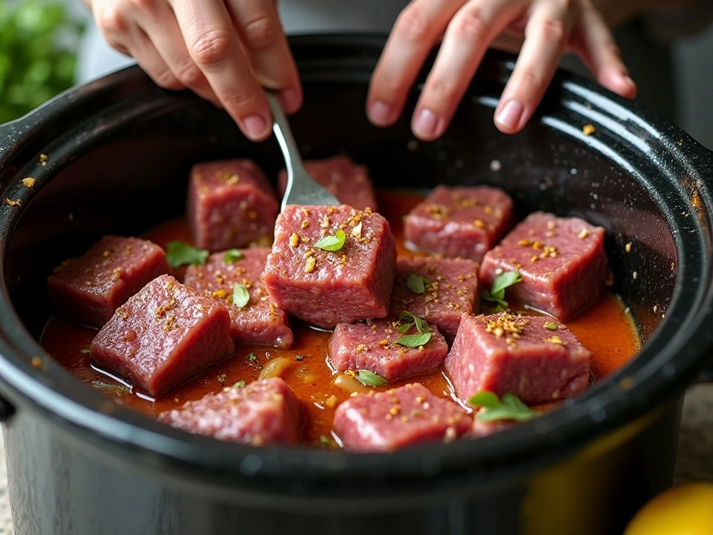 Preparing seasoned beef and chipotle ingredients in a slow cooker