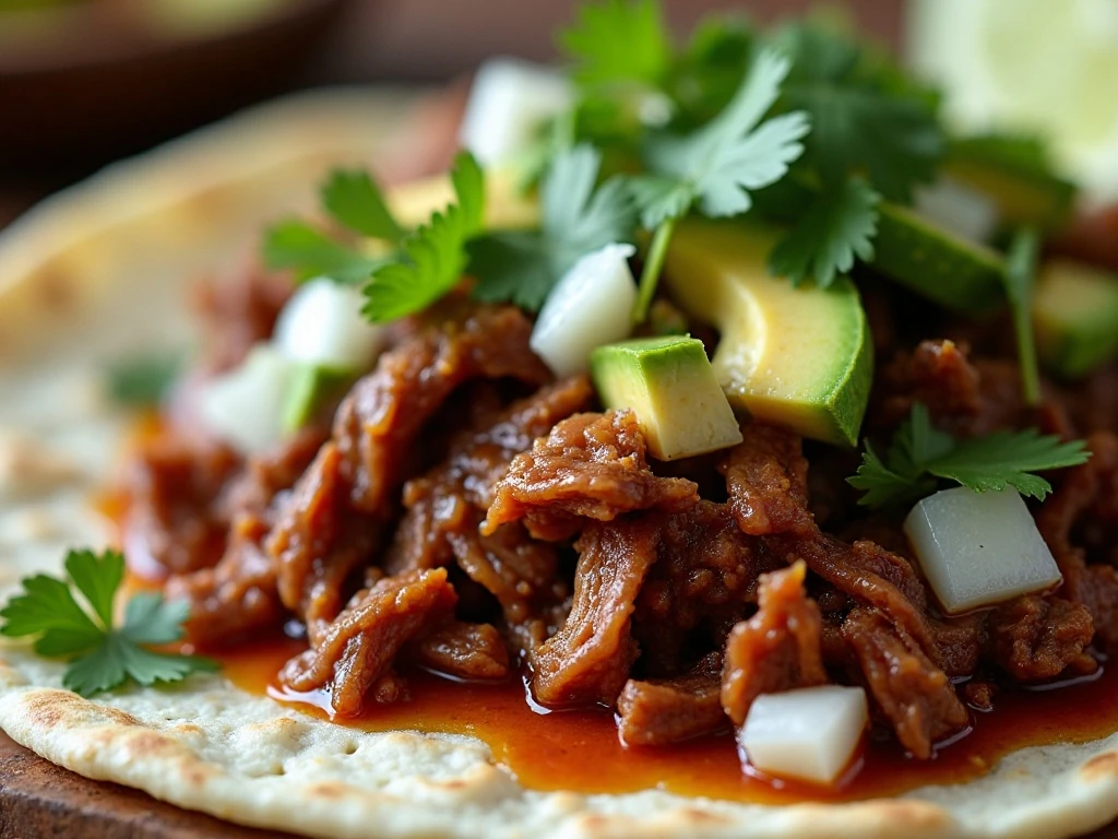 Chipotle beef barbacoa taco with fresh cilantro, onion, avocado, radish, and lime