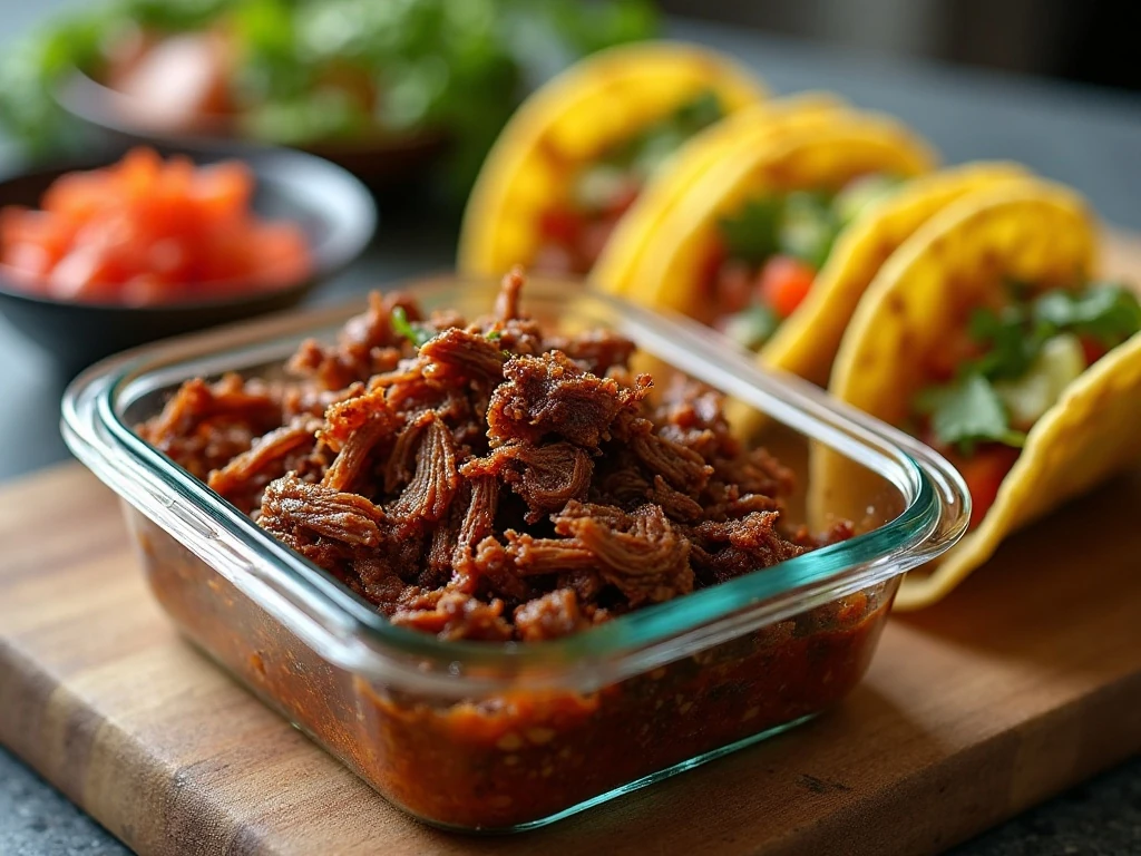 Stored and reheated slow cooker beef barbacoa ready for tacos