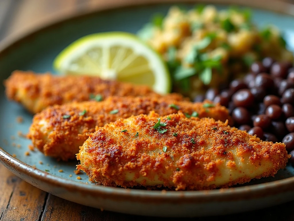 Crispy chipotle crusted chicken served with lime and sides