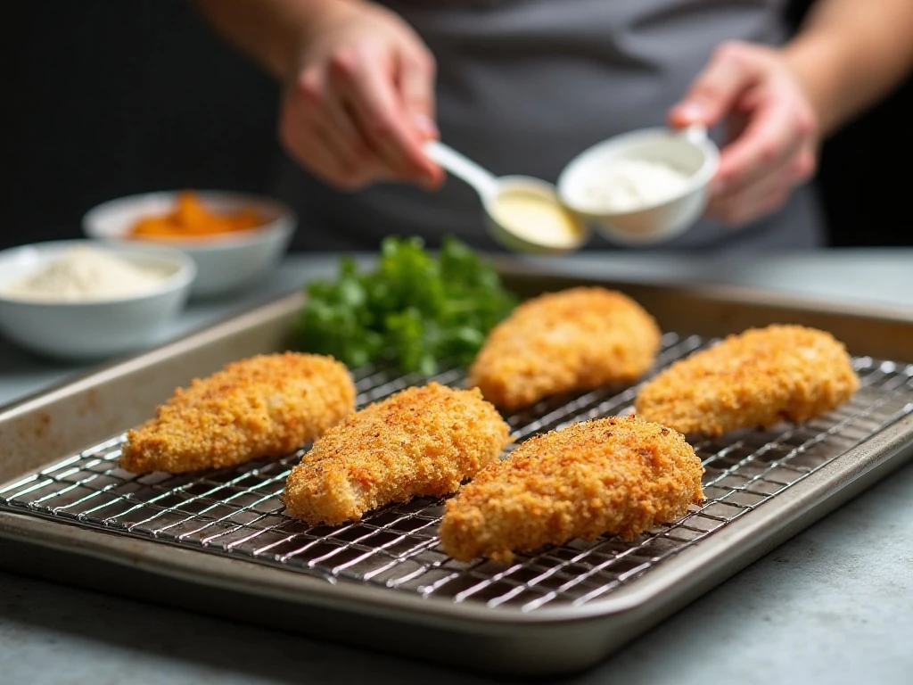 Breaded chicken prepared on a wire rack before baking