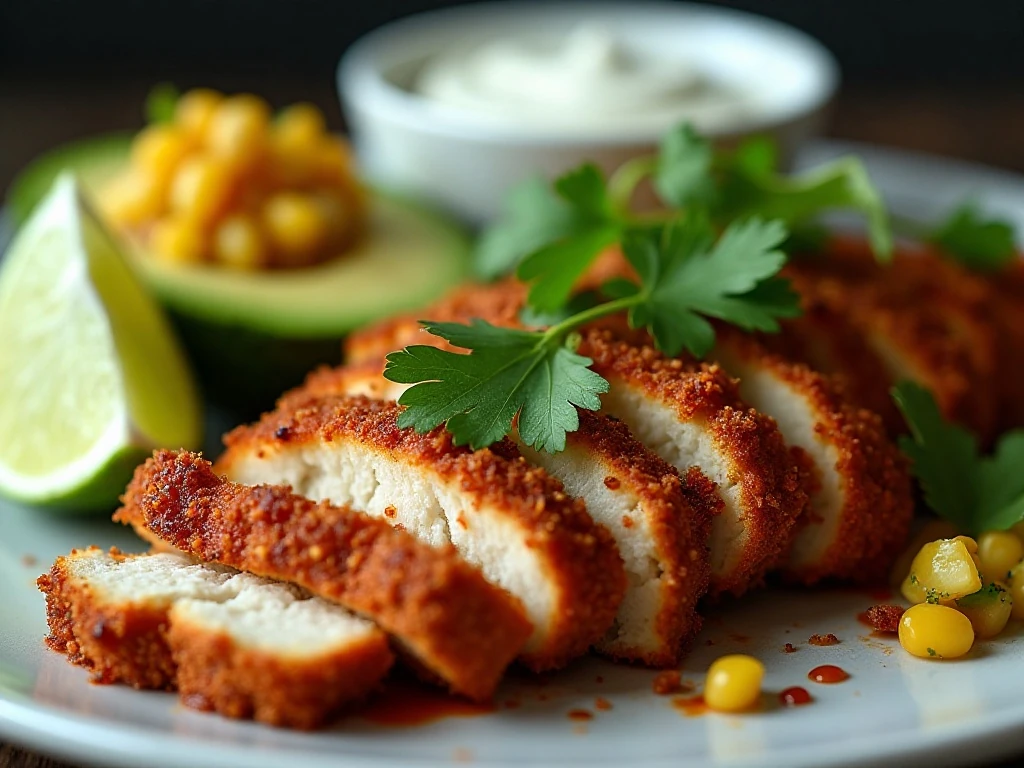Sliced chipotle chicken with lime crema and fresh garnishes