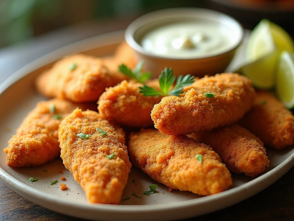 Crispy chipotle lime chicken tenders served with lime wedges and dipping sauce