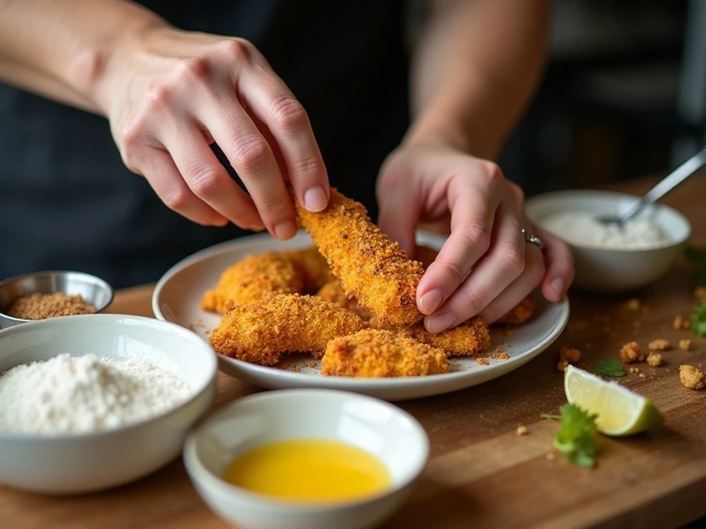 Chicken tenders being coated in seasoned panko breadcrumbs