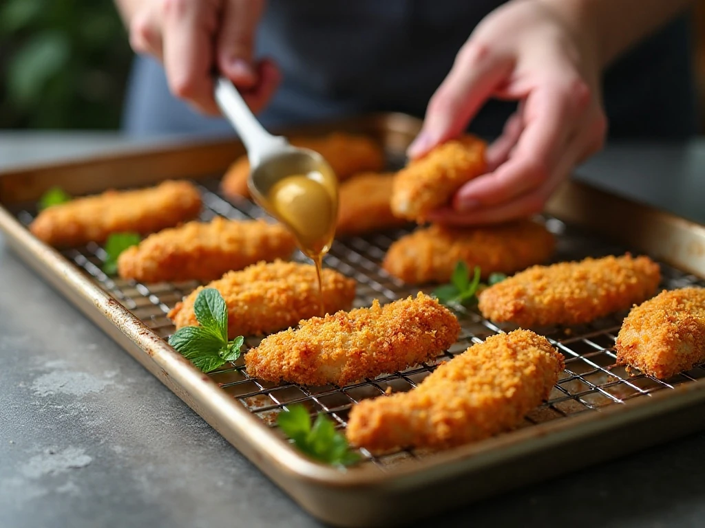 Panko chicken tenders arranged on a wire rack before baking