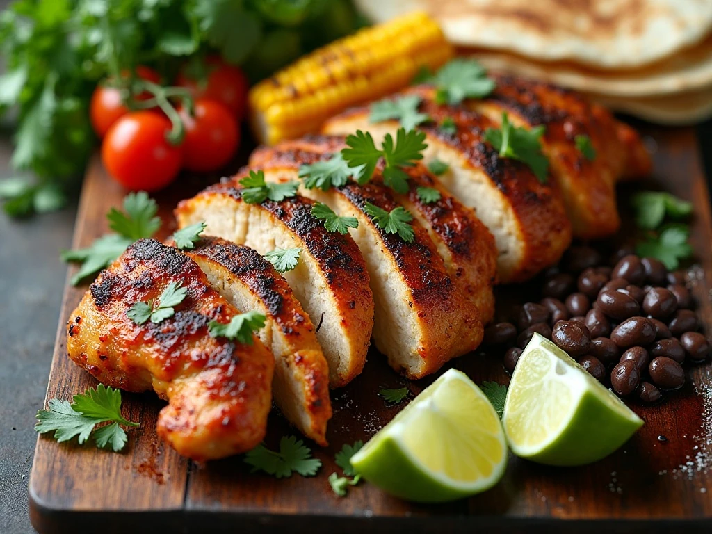 Sliced chipotle lime grilled chicken with lime wedges and grilled sides
