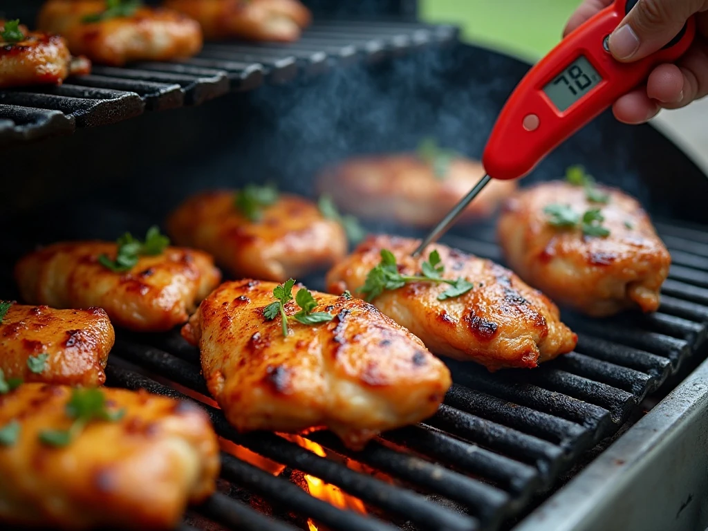 Checking chipotle grilled chicken temperature with an instant-read thermometer