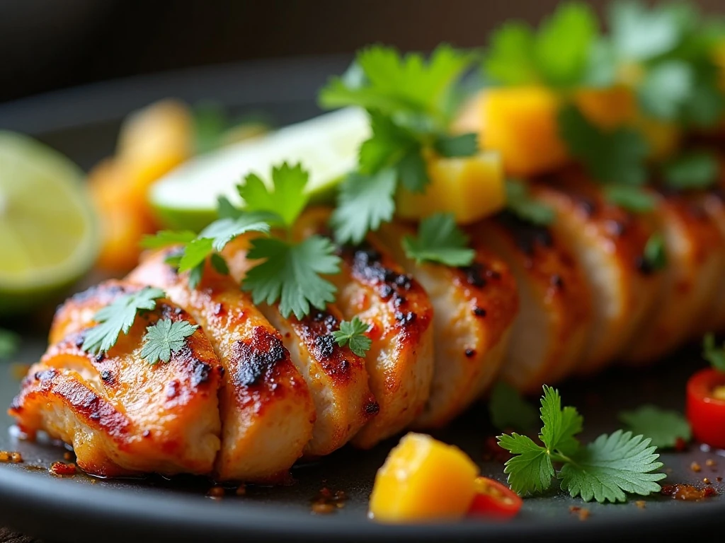Close-up of chipotle lime chicken garnished with cilantro and lime