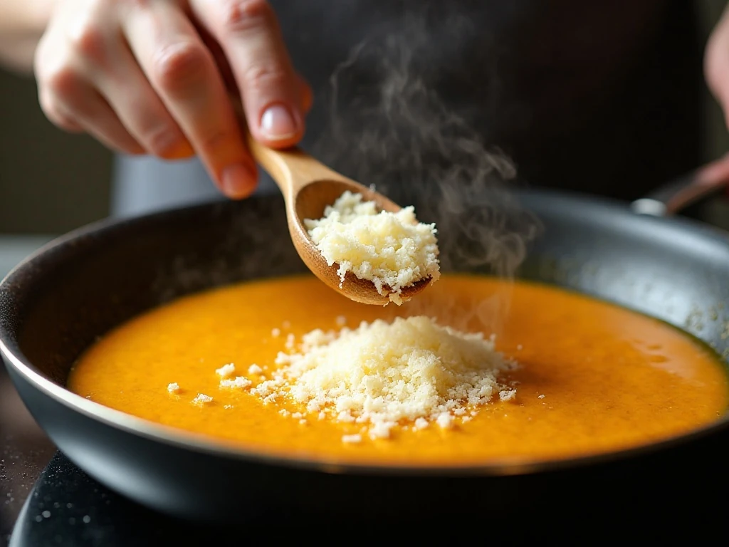 Parmesan melting into creamy pumpkin pasta sauce