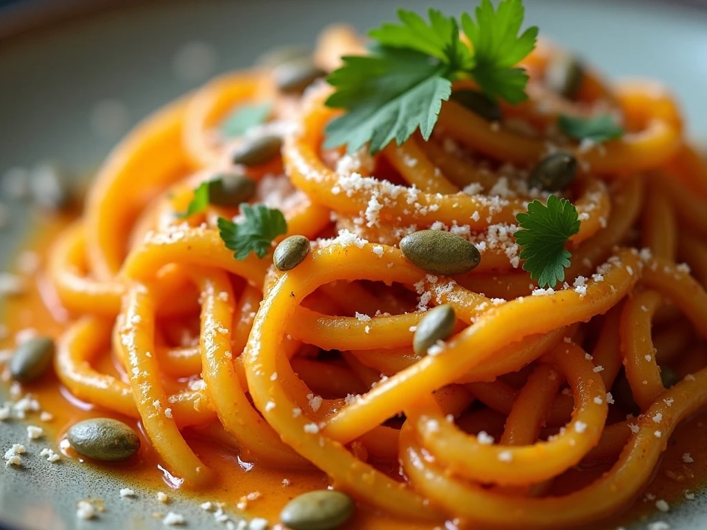 Pumpkin seeds and Parmesan garnishing chipotle pumpkin pasta