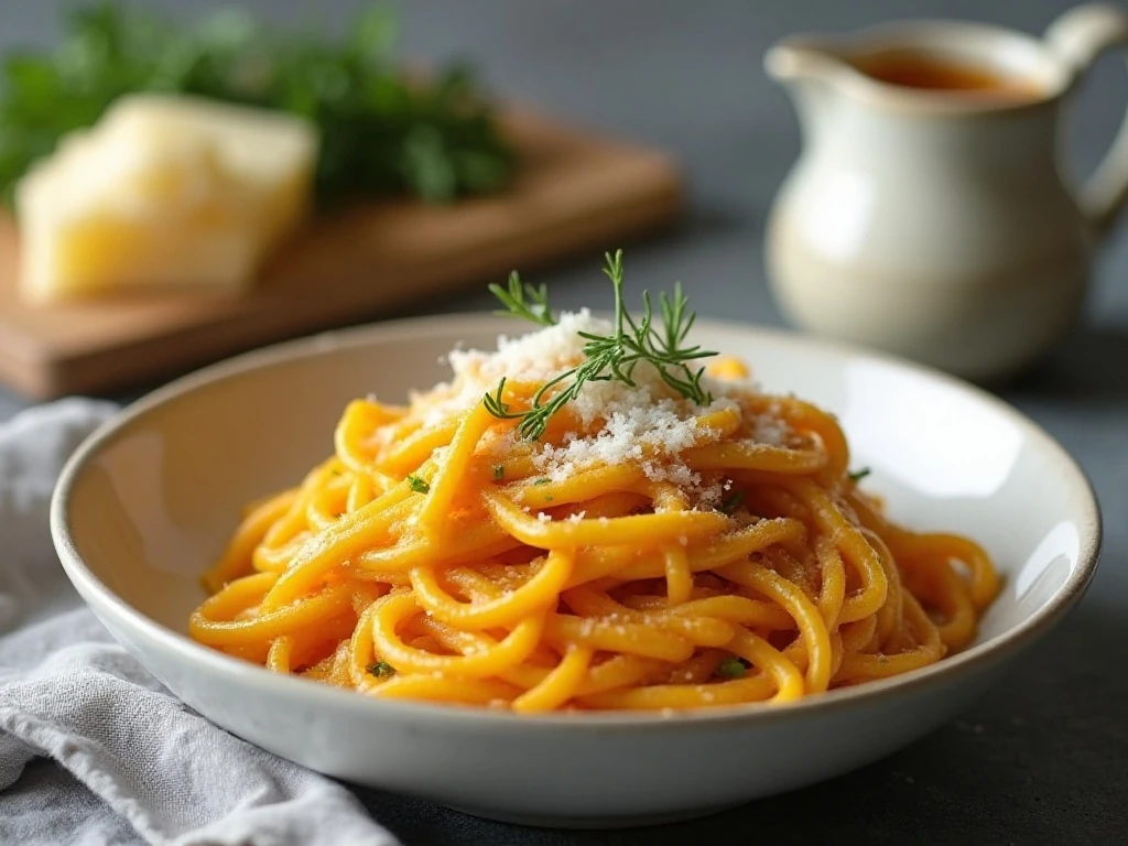 Creamy pumpkin pasta ready to reheat and serve