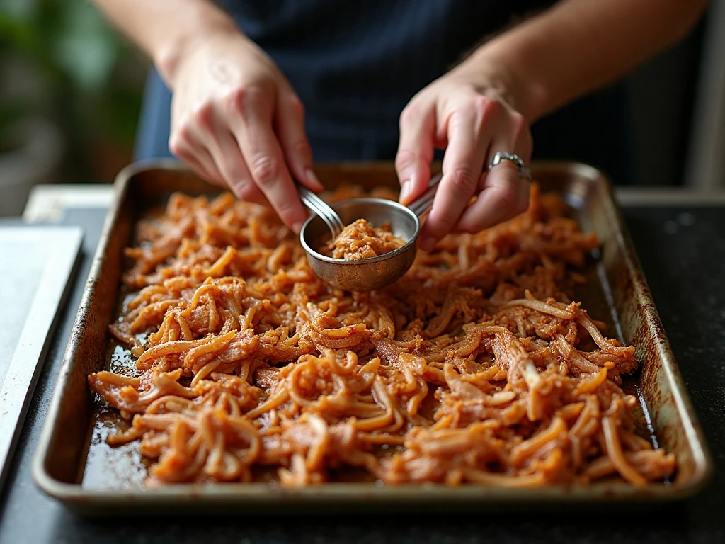 Shredded pulled pork prepared for crisp browned edges