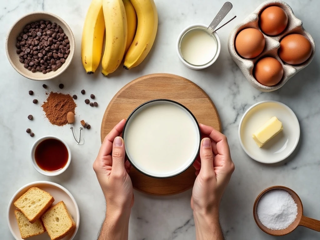 Ingredients for chocolate banana bread pudding arranged on a counter