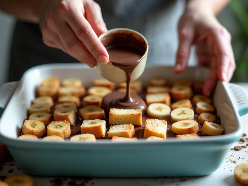 Layering bread, bananas, and chocolate for bread pudding