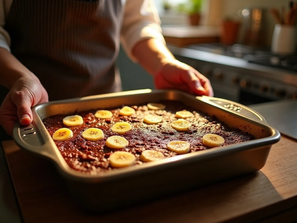 Checking the soft custardy center of baked chocolate banana bread pudding