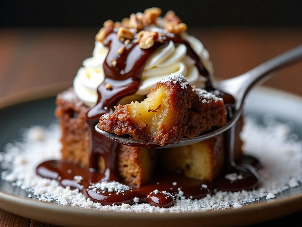 Chocolate banana bread pudding with chocolate sauce whipped cream and pecans