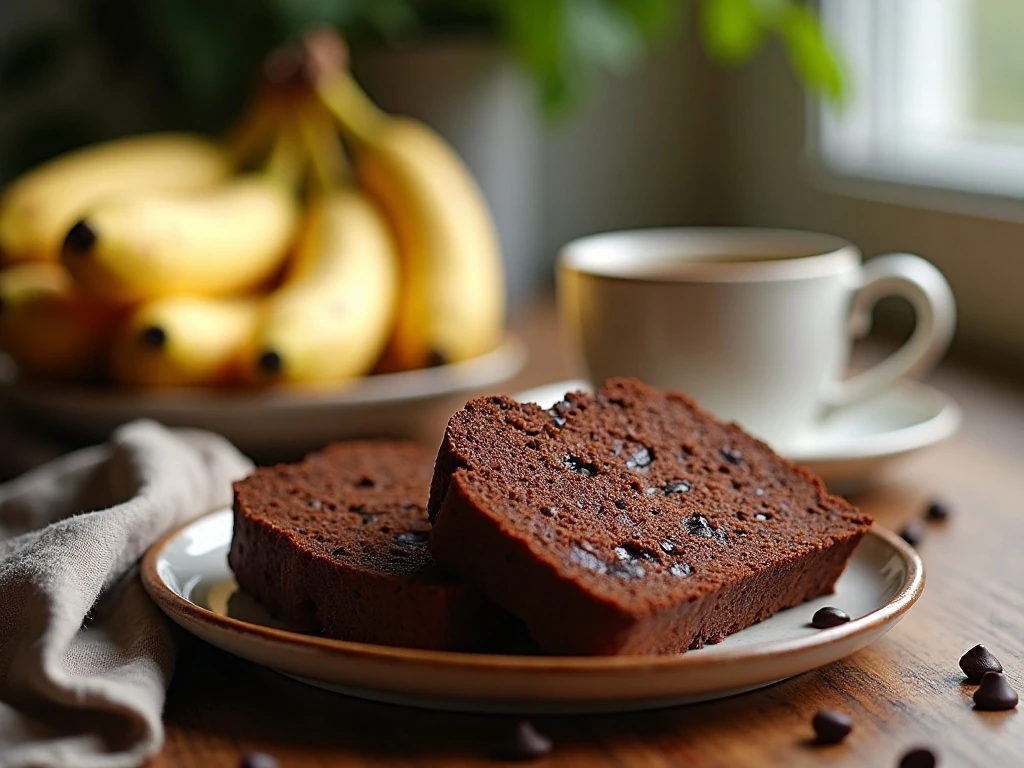 Moist slices of chocolate banana bread served with ripe bananas and coffee