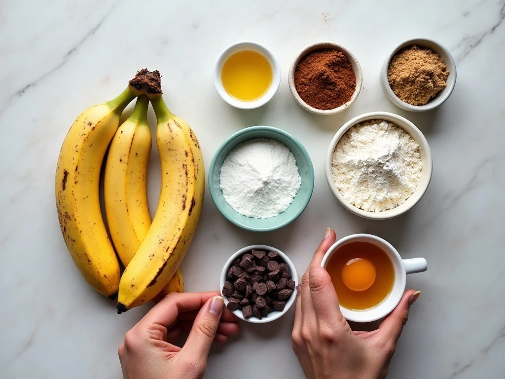 Ingredients for easy chocolate banana bread arranged on a counter