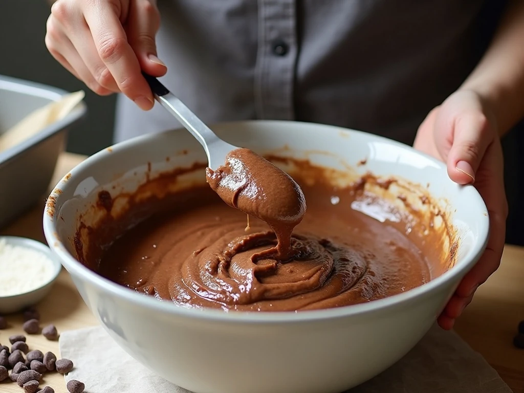 Chocolate banana bread batter being gently mixed with chocolate chips